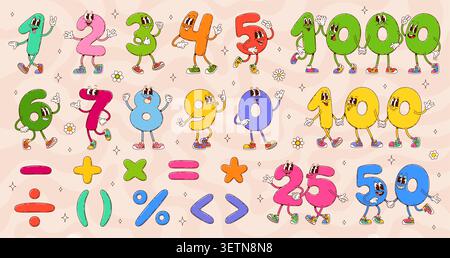 Cartoon groovy math numbers characters, school education vector personages with hippie daisy flowers. Retro y2k psychedelic mathematics digits, groovy math numbers and numerals with arithmetic symbols Stock Vector