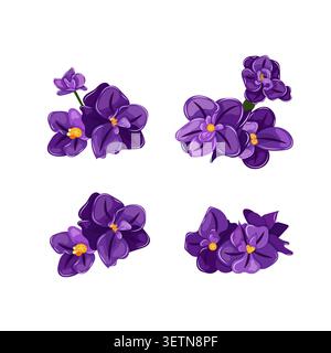 Elegant set purple African violet flowers with intricate petals and golden centers, isolated on a white background. Ideal for greeting Stock Vector