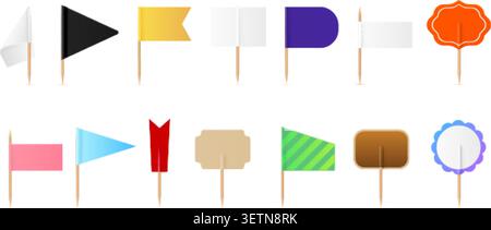 Toothpick flags. Realistic paper flag mockup, small white triangle pennant wood pick food cake little empty 3d mini banner pole cocktail skewer topper set exact vector illustration original artwork Stock Vector
