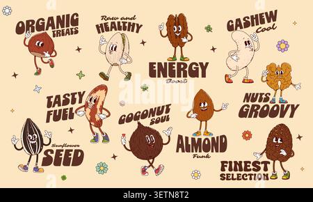 Y2k groovy nuts and seeds stickers with cartoon vegan food characters. Vector retro groovy walnut, funny almond and pistachio nuts, cute y2k pecan, coconut and hazelnut mascots stickers Stock Vector