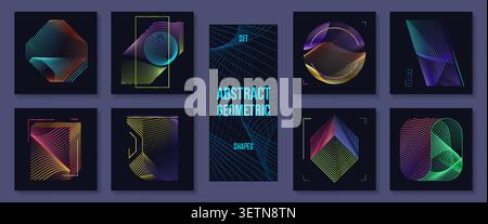 Abstract geometric posters with wireframe grid, casual artwork. 3d wireframe shapes and flowing vaporwave gradient lines. Retro modern futuristic tech figures. Linear patterns and graphic backgrounds Stock Vector