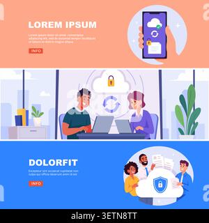 Cloud collaboration. Vector banner shows coworkers using laptops with secure cloud storage document sharing and teamwork concepts in vector style Stock Vector