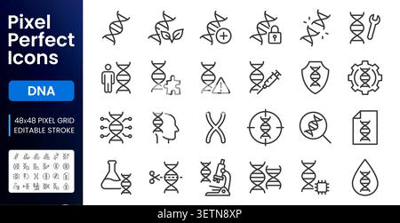 DNA line icon set. Gene research, genome helix, protein structure, chromosome, genetic heredity, GMO linear minimal vector illustration. Simple Stock Vector