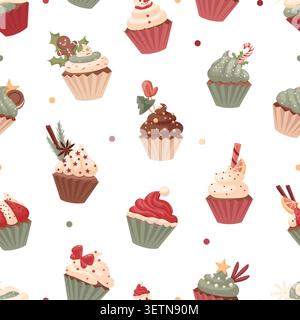 Cupcakes christmas desserts. Seamless pattern cupcake, creamy cakes with sweet cookies, waffles, chocolate. Print for fabric, wallpaper, vector Stock Vector