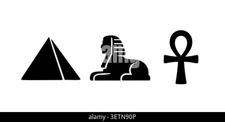 Black Silhouette Vector Set of Egyptian Pyramid Sphinx and Ankh Stock Vector