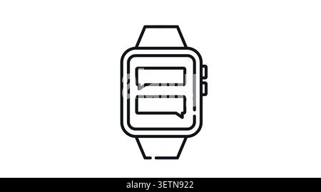 Smartwatch online chat icon: wearable smart watch displaying two speech bubbles on screen, minimalist black line art vector illustration for mobile me Stock Vector