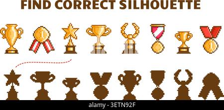 Find correct shadow. Pixel art trophies, pixelated winner golden cups and medals. Simple game for children magazine, attention development, vector Stock Vector