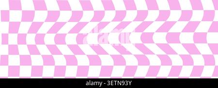 Pink tile checkerboard background, pattern grid. Retro psychedelic checkered wallpaper. Groovy pastel chessboard surface. Distorted geometric grid. Vector illustration Stock Vector