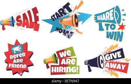 Loudspeaker badges. Megaphone offer banner, sale promotion discount announcement deal label sticker prize contest giveaway social media refer marketing classy vector illustration original artwork Stock Vector