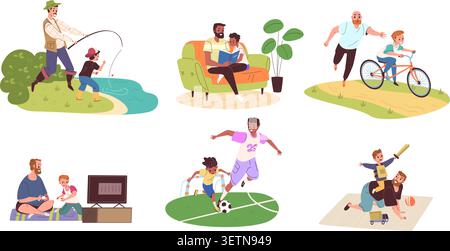 Father son spend time. Dad kid indoor outdoor fun play together, daddy child care love support read book fishing teach ride bicycle fathers day weekend classy vector illustration original artwork Stock Vector