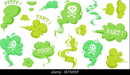 Fart smoke. Stink smell toxic cloud green gas fart, bad breath steam skull icon flatulence odour cartoon bomb miasma poison nasty air effect stench qualitative vector illustration original artwork Stock Vector