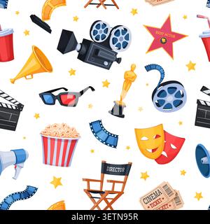 Cinema elements pattern. Movie theater seamless print wall, tv films entertainment background cinematography festival wallpaper video camera popcorn qualitative vector illustration original artwork Stock Vector