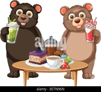 Vector illustration of two bears holding smoothies with cake, tea, and cookies on table Stock Vector