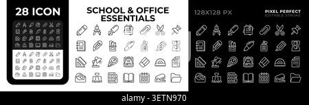 Pencil pixel perfect black and white line icons set Stock Vector