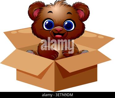 Adorable brown bear cub vector illustration sitting inside a cardboard box on white background. Stock Vector