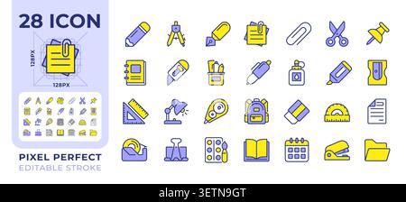 School and office essentials pixel perfect line color icons set Stock Vector