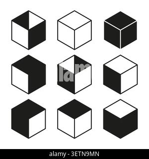A modern minimalist Vector set of isometric cube icons, showcasing solid, outlined, and partially filled geometric shapes for abstract concepts. EPS 1 Stock Vector