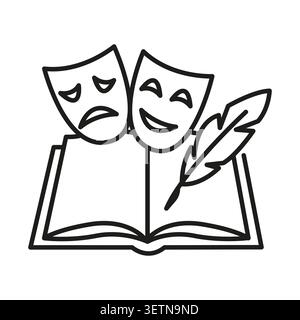 Book theater mask feather black vector element features classic drama literature. Educational poetry complements premium academic reading. eps 10 Stock Vector
