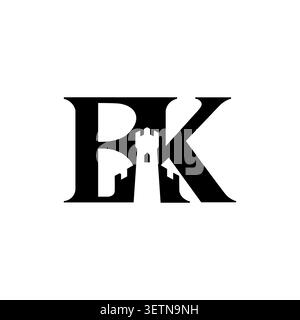 BK Monogram Logo with Castle Tower Negative Space Elegant Lettermark Design Stock Vector
