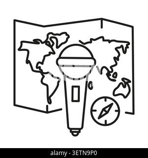 Microphone world map compass vector icon features global reporting journalist travel broadcasting design eps 10 Stock Vector