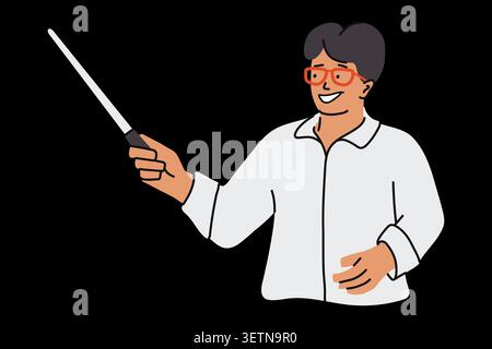 Smiling male teacher with glasses holding a pointer on black background. Friendly tutor character explaining a lesson, hand drawn doodle illustration Stock Vector