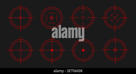 Red vector targeting reticles with crosshair design. Military aim symbols for sniper scopes, shooting games, combat HUD overlays, tactical navigation Stock Vector