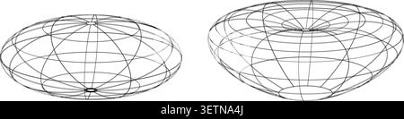 3D wireframe sphere and deformed spheroid with concave indentation, abstract geometric illustration for mathematics, physics Stock Vector