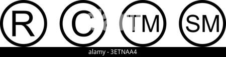 R, C, TM and SM letters in round shapes. Register, copyright, trademark and service mark icons isolated on white background. Commercial rights stickers. Vector graphic illustration. Stock Vector
