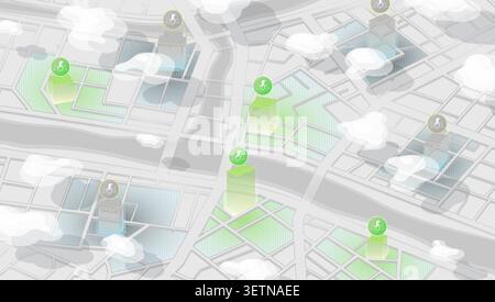 Concept of renewable energy. Level of electricity generation from sun. City Solar Energy Monitoring Map. Green Energy City Map with Solar Panel Icons Stock Vector