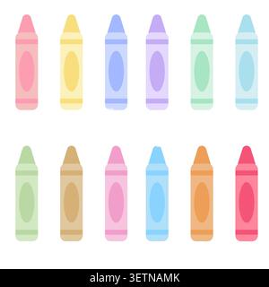 Cute pastel crayon icons set in flat design style. Colorful wax crayons for school supplies, education themes, classroom materials, stationery collect Stock Vector