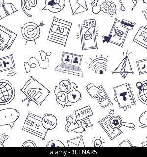 Social media symbols seamless pattern. Doodle communication in messenger and chat. Digital marketing, internet, online shopping, neoteric vector Stock Vector