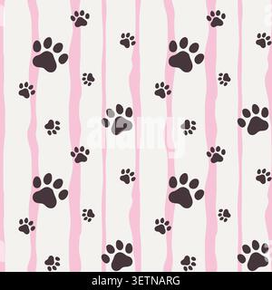 Cat paw vector seamless pattern. Pet footprint pattern with pink stripes background and black footprints.  Stock Vector