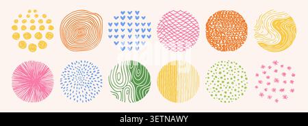 Hand drawn round abstract backgrounds simple patterns set. Doodle spots, drops brush strokes crayon curves lines scribble circle shapes. Trendy patterns for posters, social media colorful templates Stock Vector