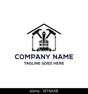 House Home Paint Brush Paintbrush Crossed Hammer Mallet For Renovation Improvement Maintenance Contractor Stock Vector