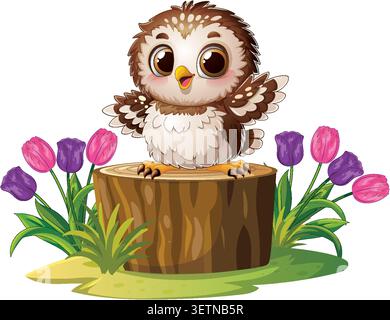 A cheerful vector illustration of a wide-eyed baby owl perched on a wooden stump. Stock Vector