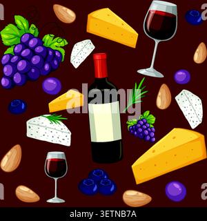 Flat vector illustration of wine bottle, glasses, cheese wedges, and fruit on dark background. Stock Vector