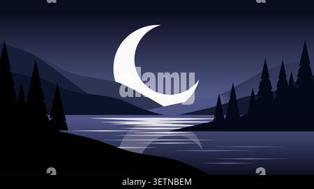 Minimalist flat vector illustration of a serene night landscape featuring a large crescent moon, mountain silhouettes, pine tree forest, and calm lake Stock Vector