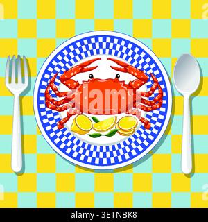 Overhead vector graphic of cooked crab with lemon slices on checkered tablecloth background. Stock Vector