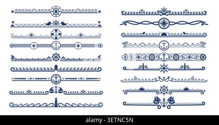 Marine nautical dividers, naval and sea border frames or separators. Nautical sailing frame separators set. Marine and NAVY borders or dividers with ocean waves, wind rose, lighthouse and whales Stock Vector