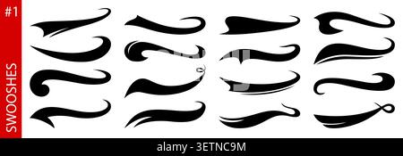 American sport swoosh and swash tails. Black shapes of curved brush strokes for baseball, or basketball dynamic motion underline ribbons. Calligraphic flourishes, decorative typography embellishment Stock Vector