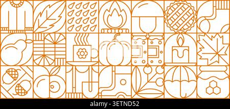 Autumn fall season geometric pattern abstract background, vector mosaic tile. Autumn pattern of fruit and vegetables farm harvest, sweater and rain umbrella with fireplace and fall acorn or maple leaf Stock Vector