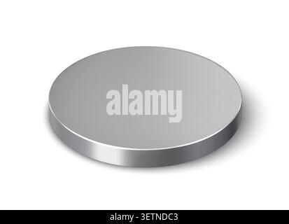 3D round silver podium stage, metal pedestal. Sleek isometric cylindrical platform with soft gradients and metallic luster. Silver podium for high tech product presentation, exhibition graphics Stock Vector