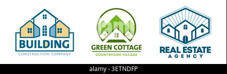 Real estate agency, residence apartment, house construction icons. Corporate emblems for building construction company, property developers, builders, contractors with green cottage countryside houses Stock Vector