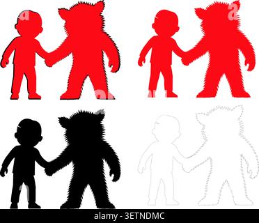 Child holding hands with friendly monster in fantasy silhouette scene Stock Vector