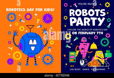 Robotics Day and kids party flyer with funny robots and droid bots for invitation poster. Robotics day party flyer with retro robots and mechanical cyber bots with cogwheels for transformer technology Stock Vector