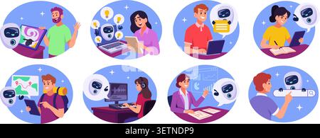 Artificial Intelligence. Vector AI scenes with robots messages mobile apps and human chatbot communication tools exact collection Stock Vector