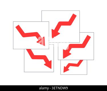 Financial decline arrows cards overlap 2D cartoon object Stock Vector