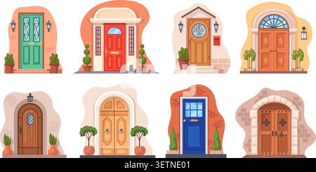 Vintage front doors. Retro house entrance facade antique wooden door old hotel doorway classic castle gate entry porch glass window brick wall building set neat vector illustration original artwork Stock Vector