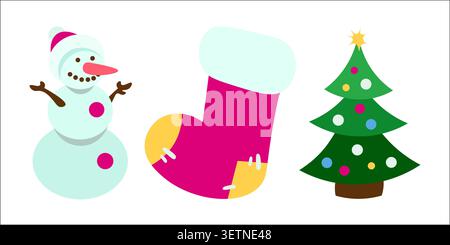A set of vector Christmas elements. A cute snowman in a Santa hat, a stocking for gifts, and a tree decorated with balls and a star. Stylized flat Stock Vector