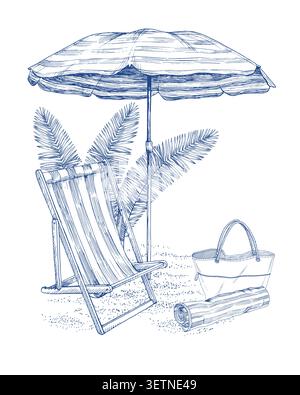 Chaise lounge with the beach umbrella, palm branches, bag and towel on the sand. Handmade ink illustration. For design of cards, cover, prints Stock Vector